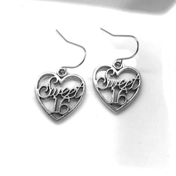 Miniature Sweet 16 Heart Teenager Birthday Party Gift Charm Earrings - Picture 2 of 2